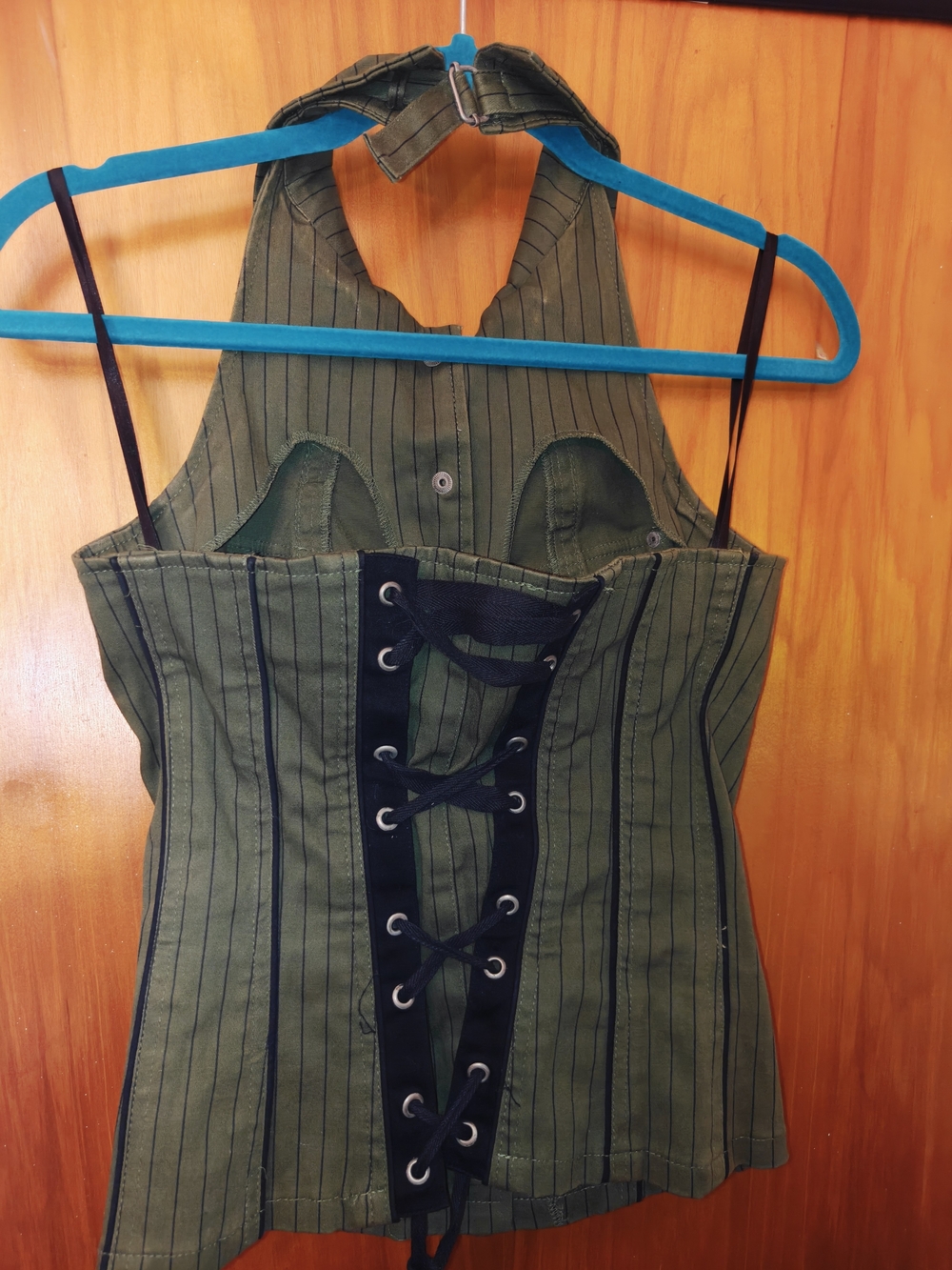 Tripp NYC Vintage Military Style Goth Olive Green Pinstripe Halter Tank - Picture 5 of 6